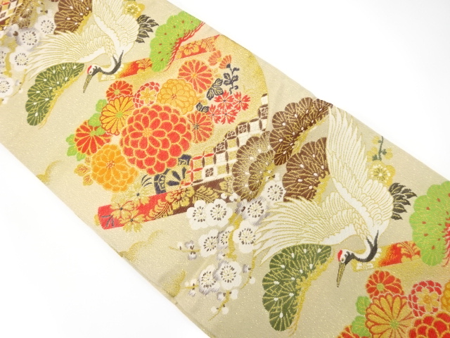 JAPANESE KIMONO / ANTIQUE MARU OBI / WOVEN CRANE & SCROLL & PINE & UME